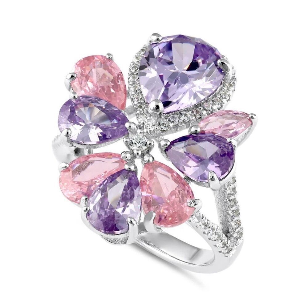 Sterling Silver Pink and Lavender CZ Cluster Ring New